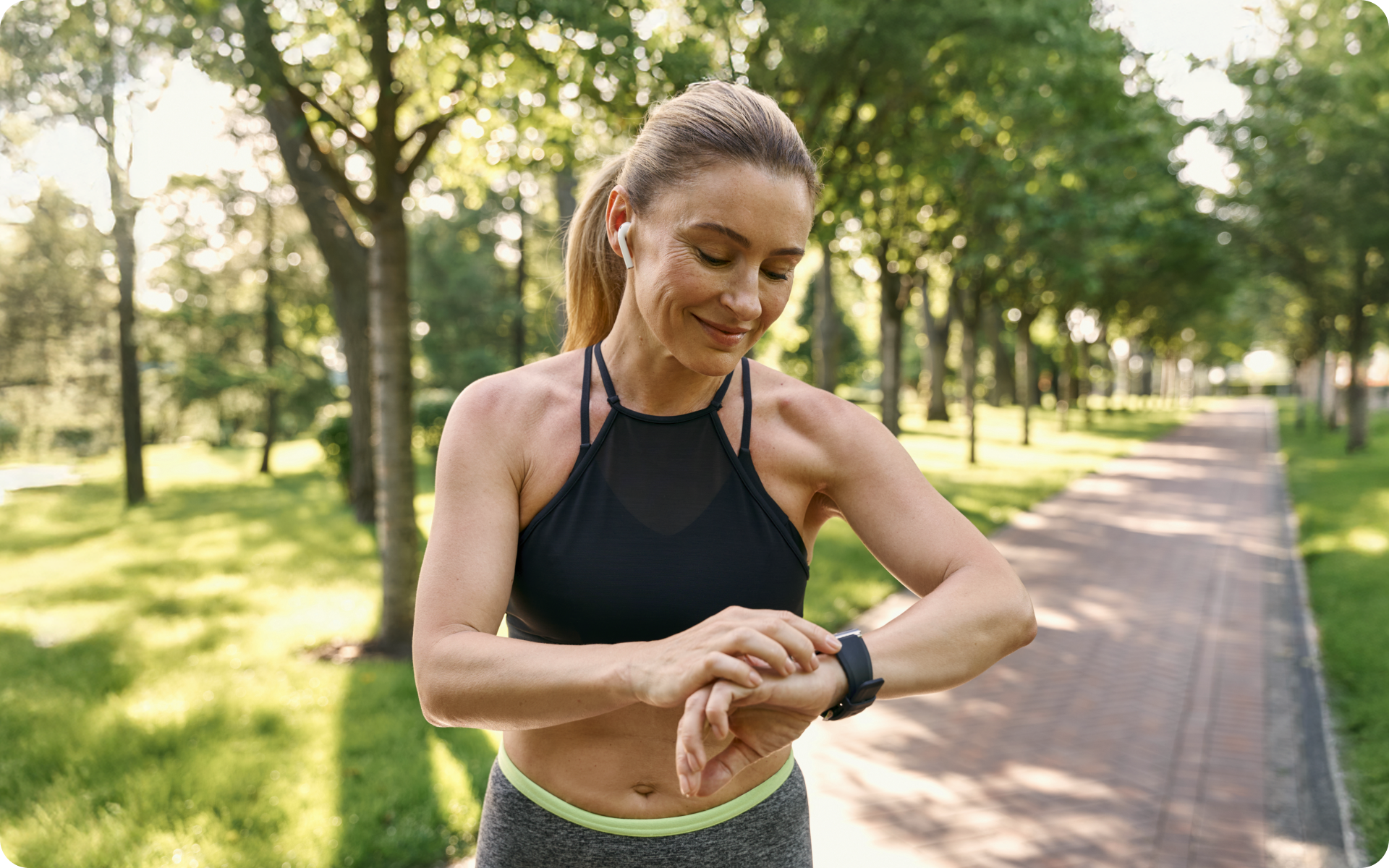 Vibrant woman in her 40s walking outdoors